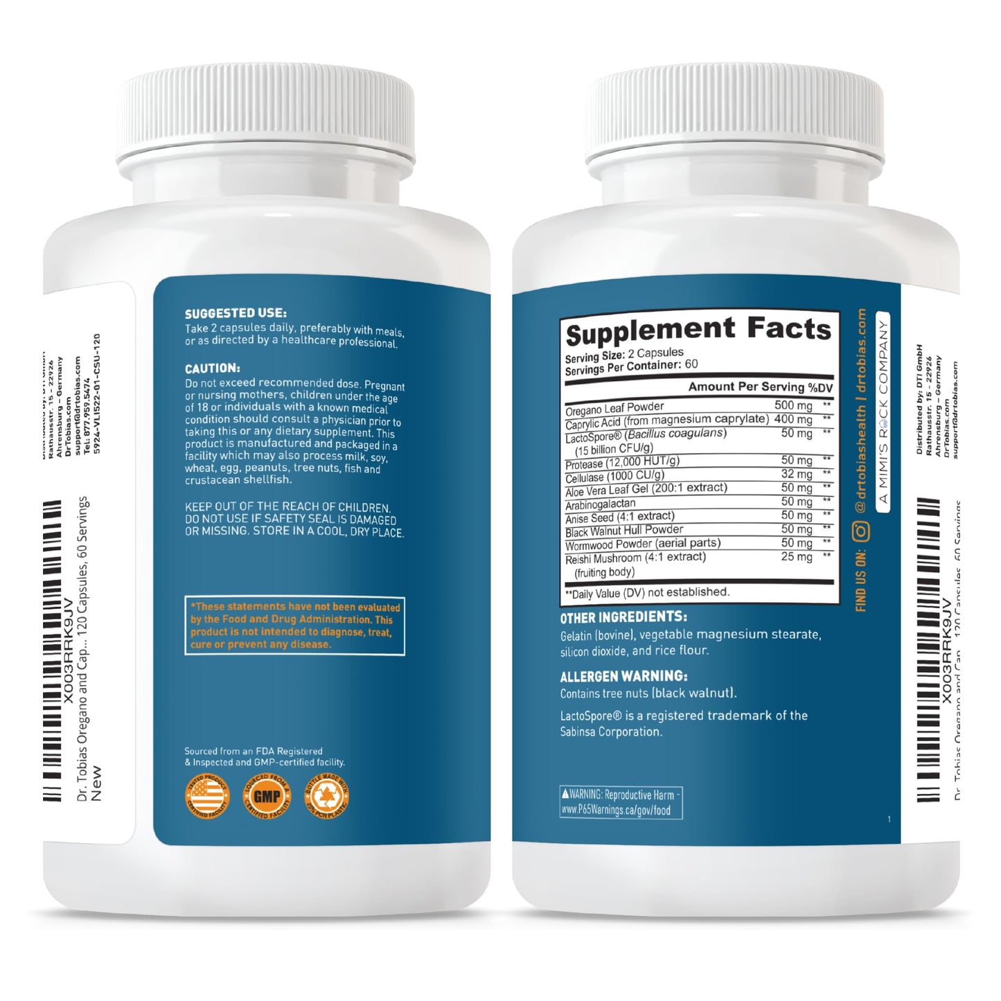 Dr. Tobias Oregano and Caprylic Acid Blend, Gut Flora Balance Complex with Probiotics & Enzymes for Intestinal and Immune Support, Gut Health Supplements for Women & Men, 60 Capsules, 30 Servings