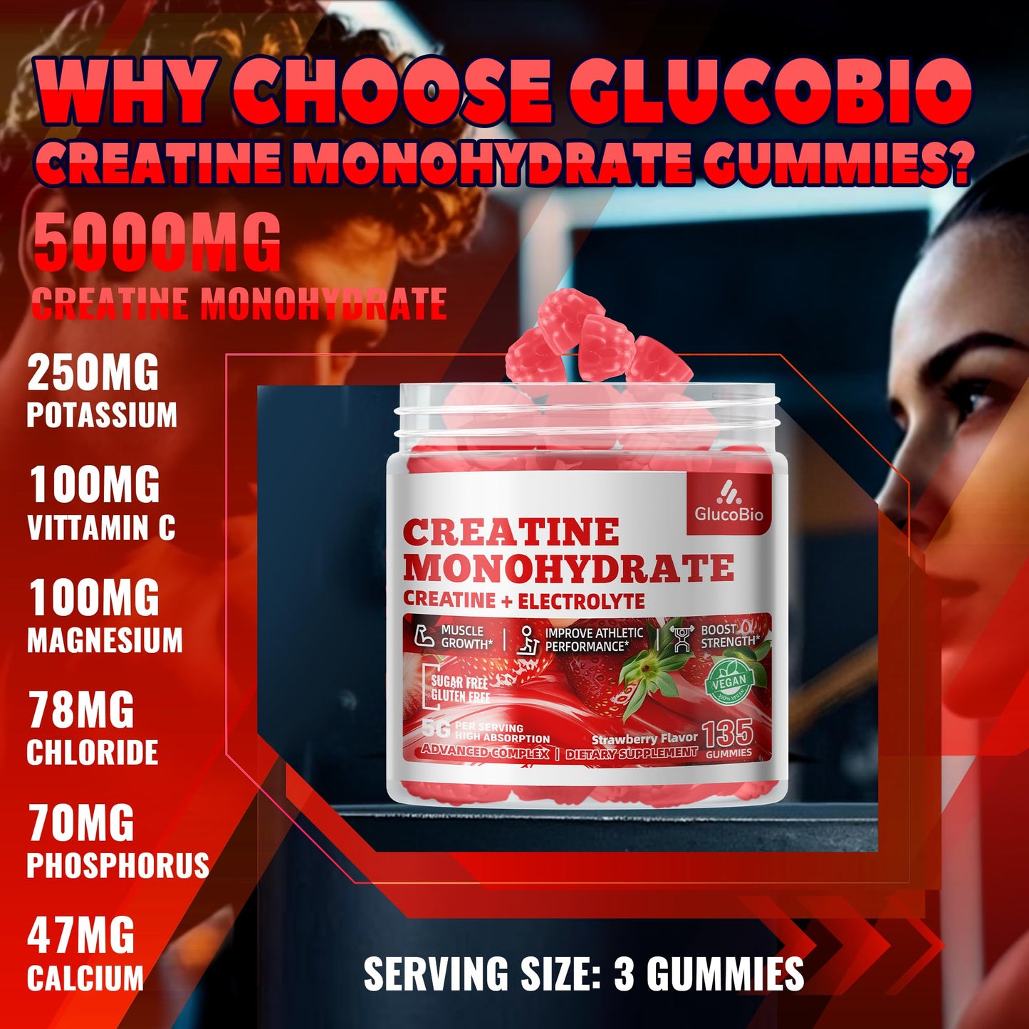 GlucoBio Creatine Monohydrate Gummies (5g) – Pre-Workout Energy & Muscle Growth Support for Men & Women GlucoBio