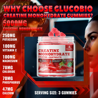 GlucoBio Creatine Monohydrate Gummies (5g) – Pre-Workout Energy & Muscle Growth Support for Men & Women GlucoBio