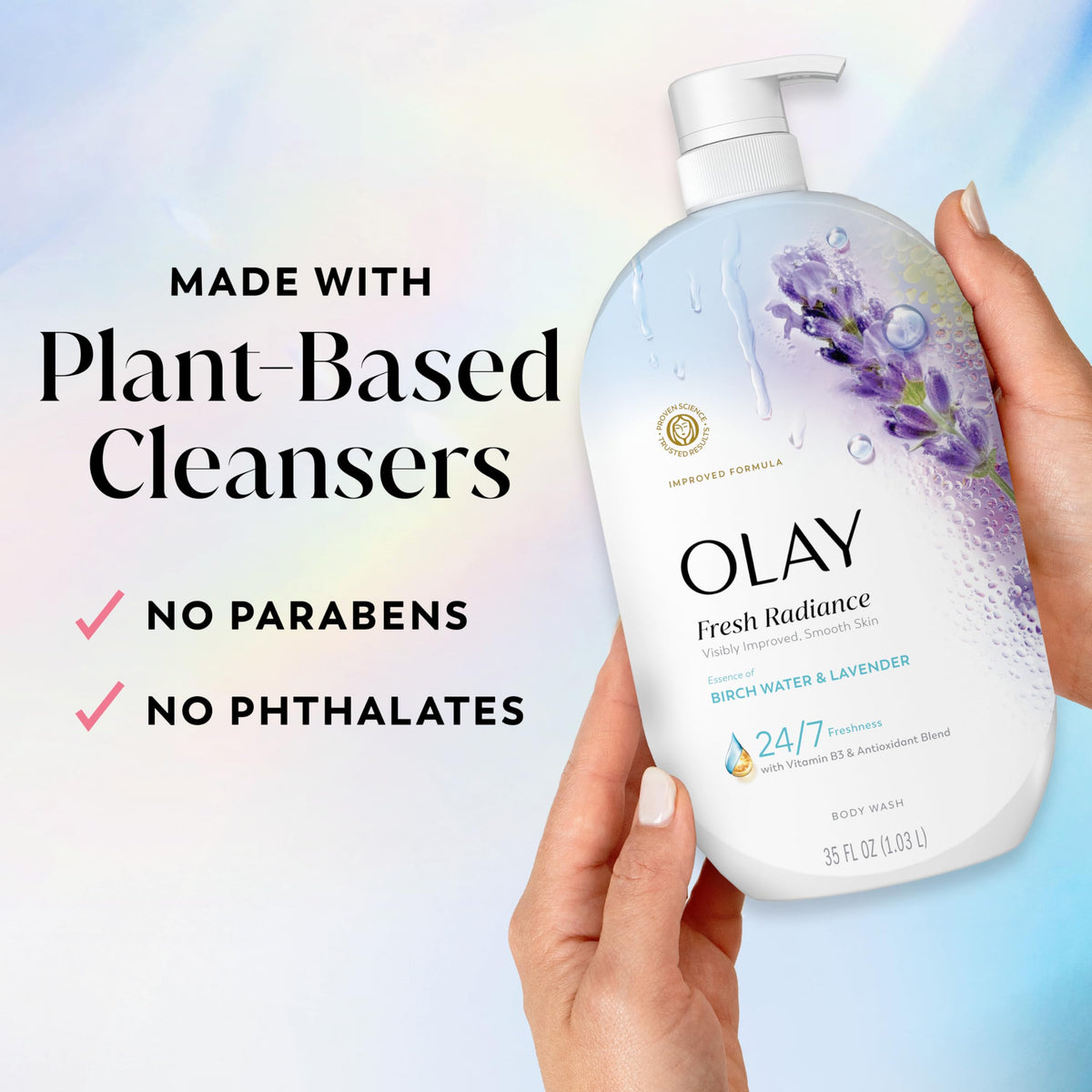 Olay Body Wash for Women, Fresh Radiance, 24/7 Skin-Loving Freshness, Visibly Radiant, Plant Based Cleansers, Vitamin B3 & Antioxidant Blend, For All Skin Types, Birch Water & Lavender Scent, 35 fl oz Olay