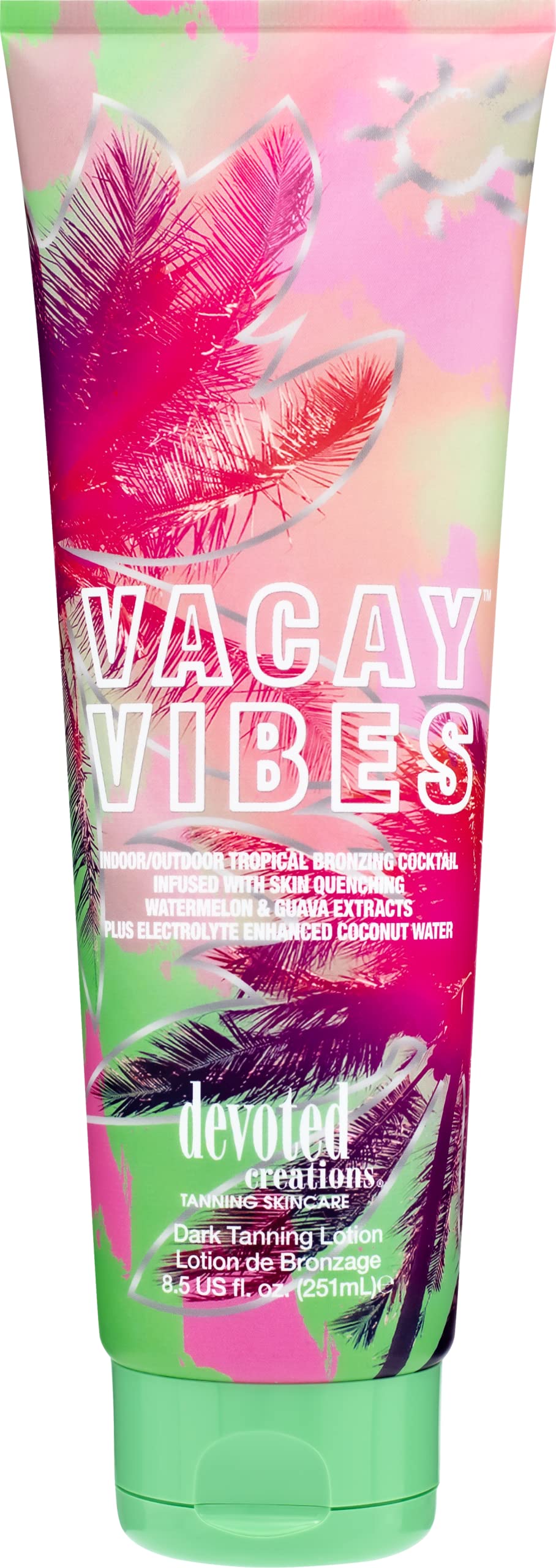Devoted Creations Vacay Vibes Tanning Lotion – Indoor/Outdoor Tropical Bronzing Cocktail Infused with Skin Quenching Watermelon and Guava Extracts, plus Electrolyte Enhanced Coconut Water – 8.5 oz. Devoted Creations
