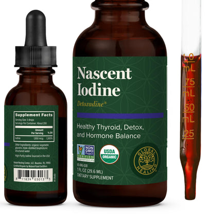 Global Healing Center - Detoxadine - Organic Nascent Liquid Iodine Supplement Drops for Thyroid Support, Detox Cleanse, and Metabolism - Non-GMO, Vegan, 200 Servings Iodine Drops (1 Oz)