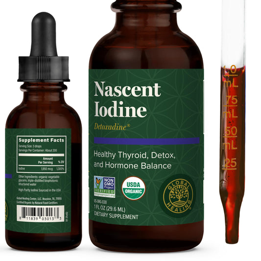 Global Healing Center - Detoxadine - Organic Nascent Liquid Iodine Supplement Drops for Thyroid Support, Detox Cleanse, and Metabolism - Non-GMO, Vegan, 200 Servings Iodine Drops (1 Oz)