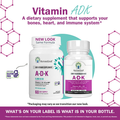 NatureGenX ADK Vitamin Supplement – Vitamins A, D3 & K2 MK-7 for Bone Health & Calcium Absorption – Gluten-Free, Non-GMO, Soy-Free NatureGenX