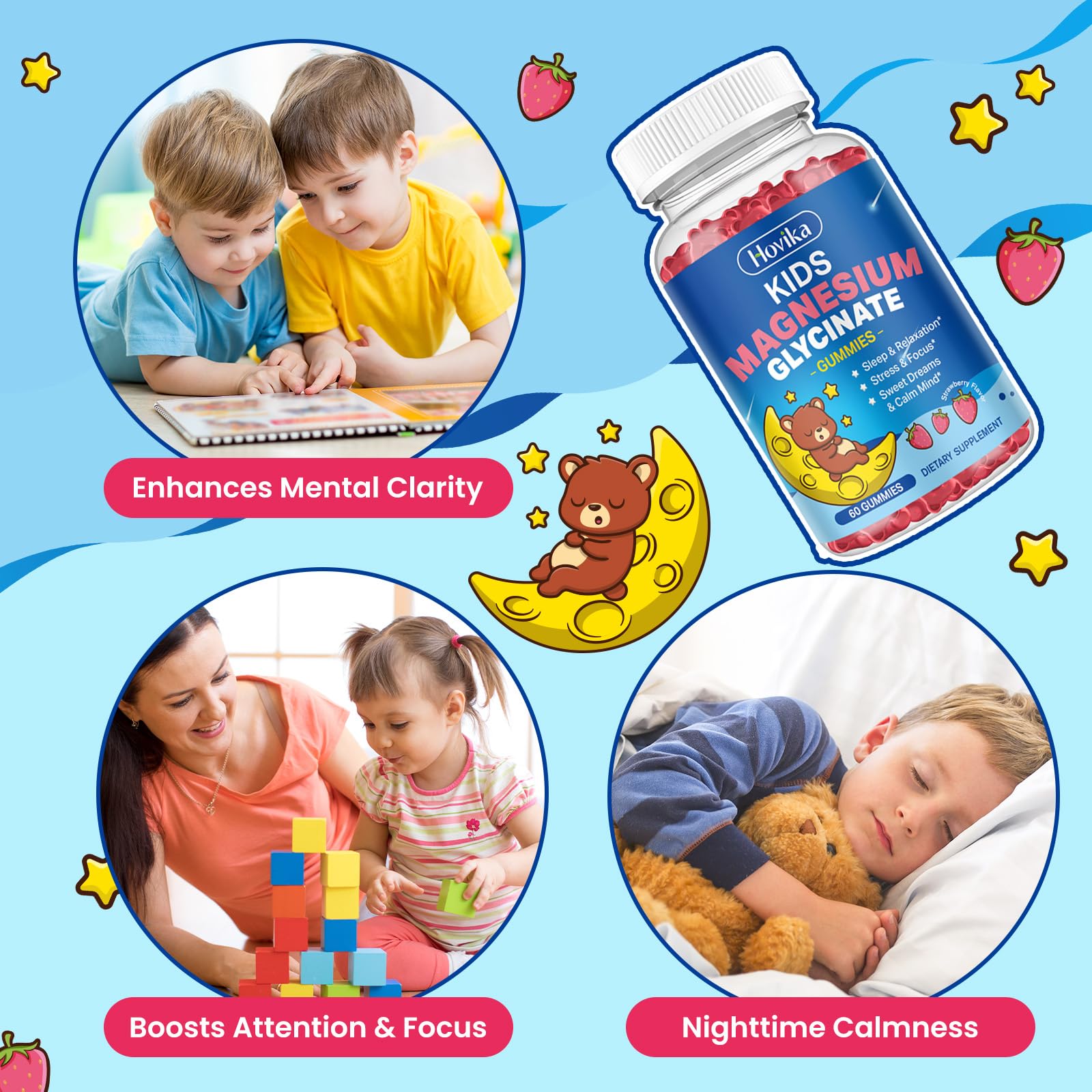 Magnesium Glycinate Gummies for Kids - with L-Theanine, Omega-3, Vitamin B6, D3, Zinc - Kids Magnesium Gummies for Sleep, Relaxation, Calm & Focus - Sugar Free Strawberry 60ct Hovika buy australia supplements