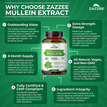 Zazzee Extra Strength Mullein Leaf 10:1 Extract, 120 Vegan Capsules | 4 Month Supply, Respiratory & Lung Support, Certified Kosher, 100% Pure Leaf Powder, Verbascum Thapsus, Non-GMO, Made in USA Gsupps Australia