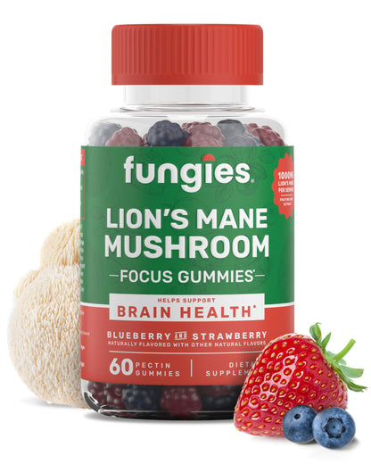 Fungies Lion's Mane Mushroom Gummies, Mixed Blueberry & Strawberry Flavor - Mushroom Supplement Gummy for Adults & Children Supports Brain Health, Cognitive Function Fungies