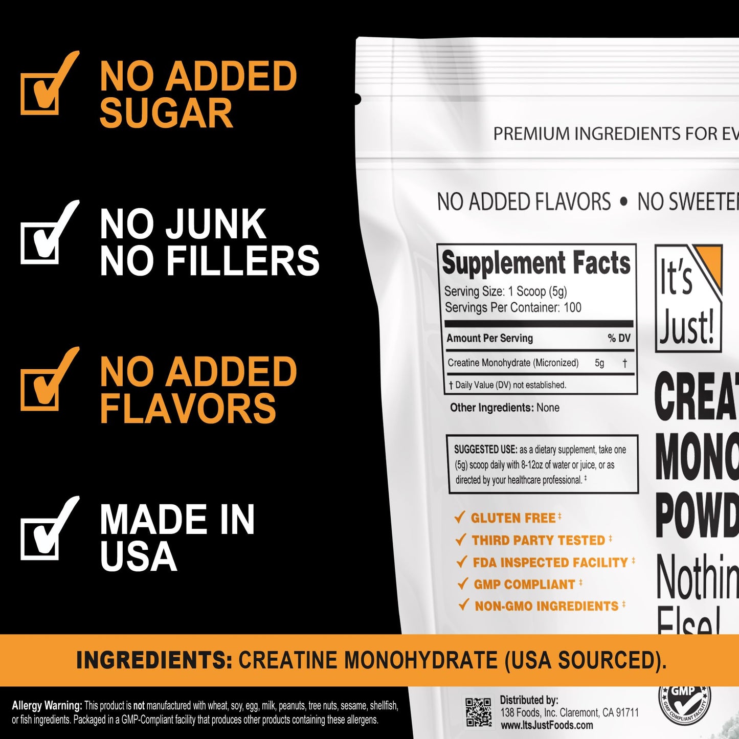 It's Just! - Creatine Monohydrate Powder, Pure Creatine Powder, Made in USA, 3rd Party Lab Tested, 5g Per Serving, Scoop Included, No Fillers, No Added Flavor (Unflavored, 500g / 100 Servings) It's Just!
