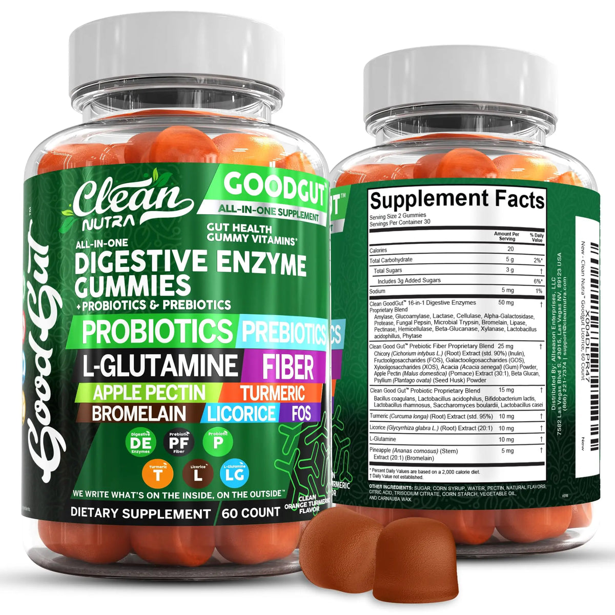 Clean Nutraceuticals Digestive Enzymes with Probiotics & Prebiotics for Digestive Health Gummies & L-Glutamine for Gut Health Bromelain Apple Pectin Inulin FOS Plant Clean Nutraceuticals