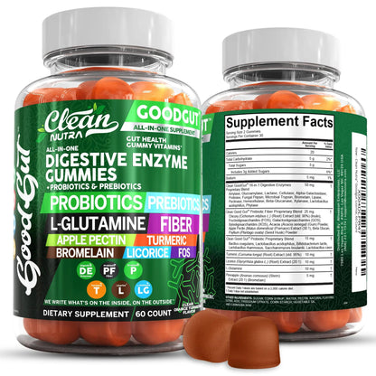 Clean Nutraceuticals Digestive Enzymes with Probiotics & Prebiotics for Digestive Health Gummies & L-Glutamine for Gut Health Bromelain Apple Pectin Inulin FOS Plant Clean Nutraceuticals