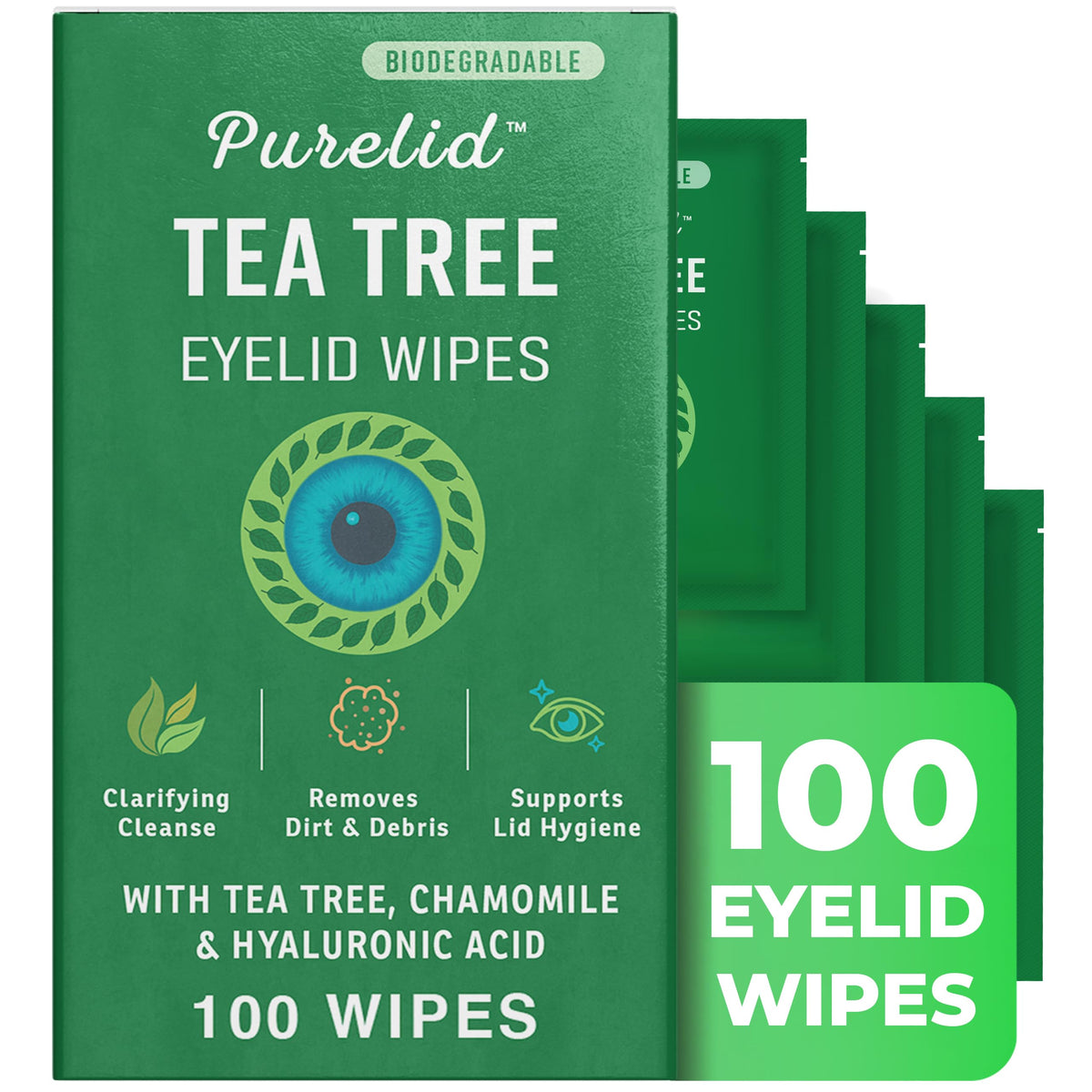 PURELID 100PCs Tea Tree Eyelid Wipes – Cleaning Eye Wipes for People with Dry Eyes & Allergies – Gentle Eyelid Cleanser with Hyaluronic Acid, Chamomile and Aloe – Individually Wrapped & Biodegradable PURELID