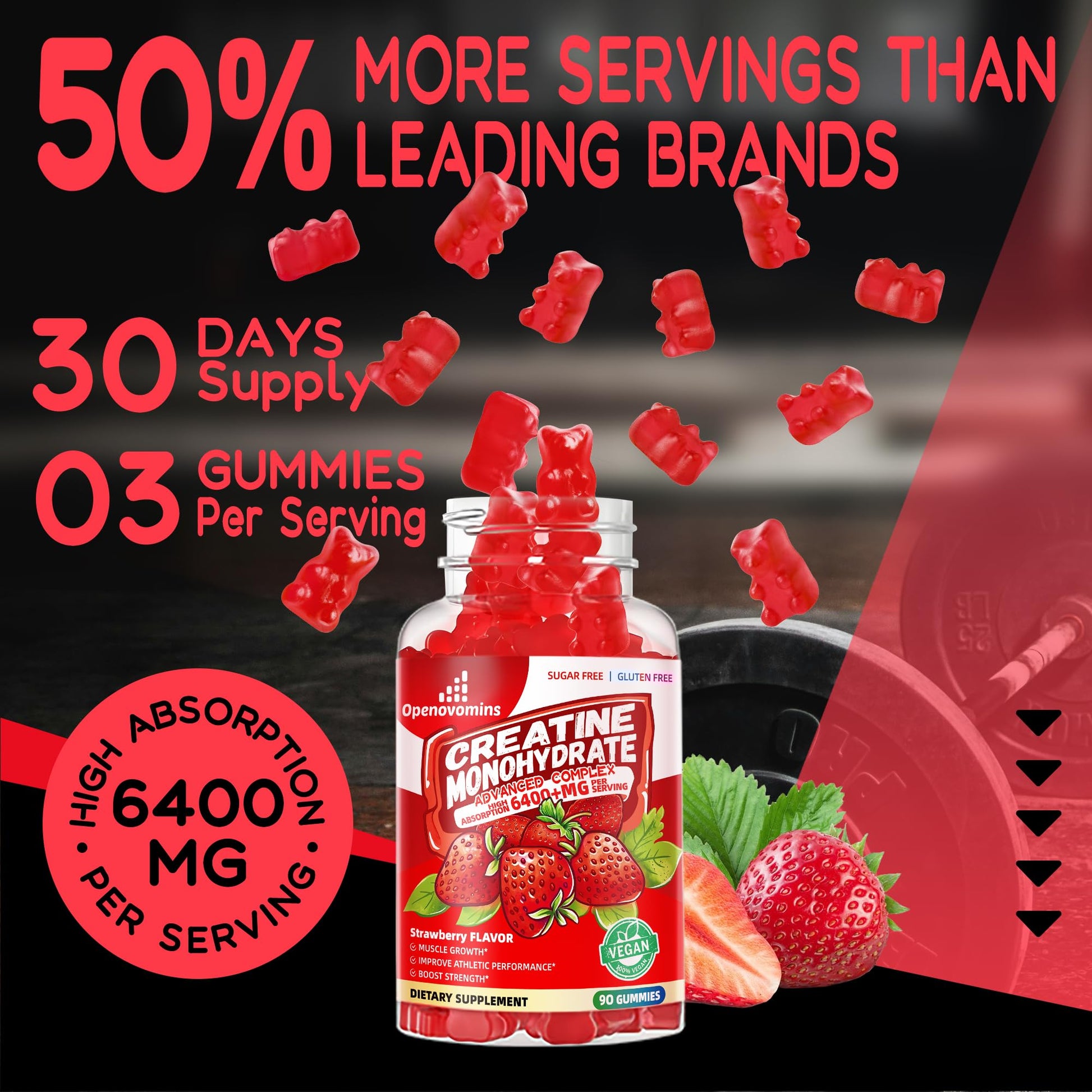 Creatine Monohydrate Gummies Complex for Men & Women -Advanced Formula W/L-Taurine + Vitamin B12, Sugar Free Chewable Supplement,90 Strawberry Gummies Openovomins buy australia supplements