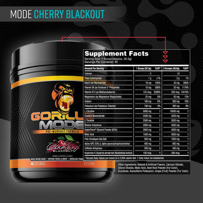 Gorilla Mode Pre Workout & Gorilla Mode Nitric Upgraded Stimulant - Best Tasting & Most Effective Stimulant Free Pre-Workout | Massive Pump | Laser Focus Energy Power (Cherry Blackout)