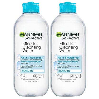Garnier Micellar Water for Waterproof Makeup, Hydrating Facial Cleanser & Makeup Remover, Suitable for Sensitive Skin, Vegan, Cruelty Free, 13.5 Fl Oz (400mL), 2 Count Garnier