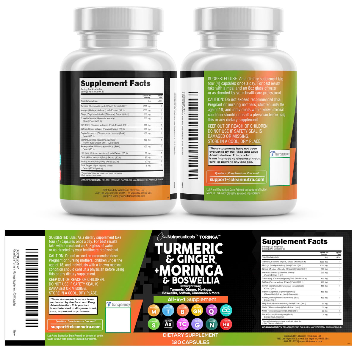 Clean Nutraceuticals Turmeric Moringa Supplement | Ginger Boswellia Saffron - Supplement for Women and Men with Ceylon Cinnamon Clean Nutraceuticals