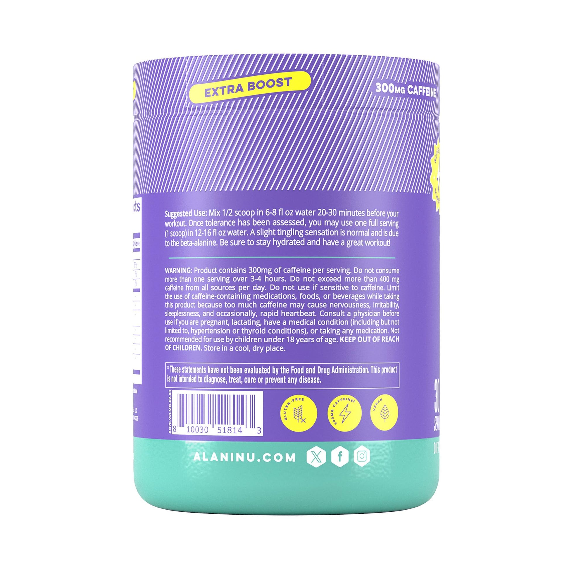 Alani Nu Pre Workout+ Powder Frozen Lemonade, Extra Boost, Sugar Free, 300mg Caffeine, L-Theanine, Beta-Alanine, Citrulline, 30 Servings Alani Nu buy australia supplements