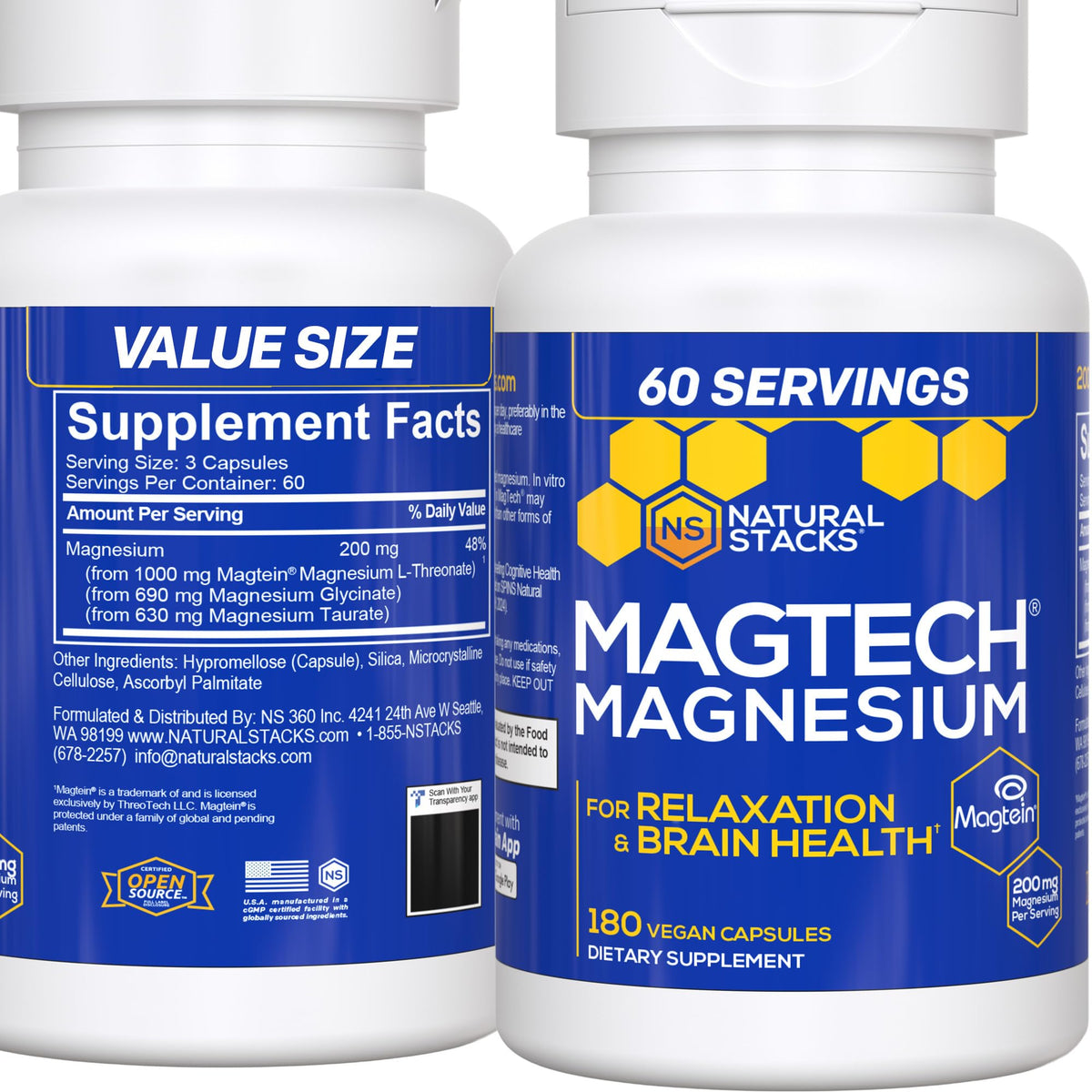 MagTech Magnesium Supplement - 3 Forms of Magnesium: Magtein L-Threonate, Glycinate & Taurate - 200mg Chelated Magnesium Complex NATURAL STACKS