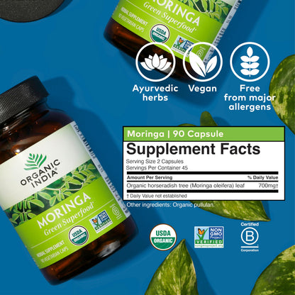 ORGANIC INDIA Moringa Herbal Supplement - Green Superfood, Nutrient Dense, Pure Plant Protein, Vitamin A, E, K, Iron, Calcium, Fiber, Vegan ORGANIC INDIA