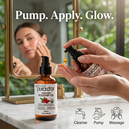 PURA D'OR ORGANIC Rosehip Seed Oil Pure Cold-Pressed for Face, 4oz PURA D'OR