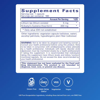 Pure Encapsulations Lithium Orotate 5 mg - Brain Support Supplement - with N-Acetyl-L-Cysteine (NAC) for Memory & Brain Behavior* Pure Encapsulations