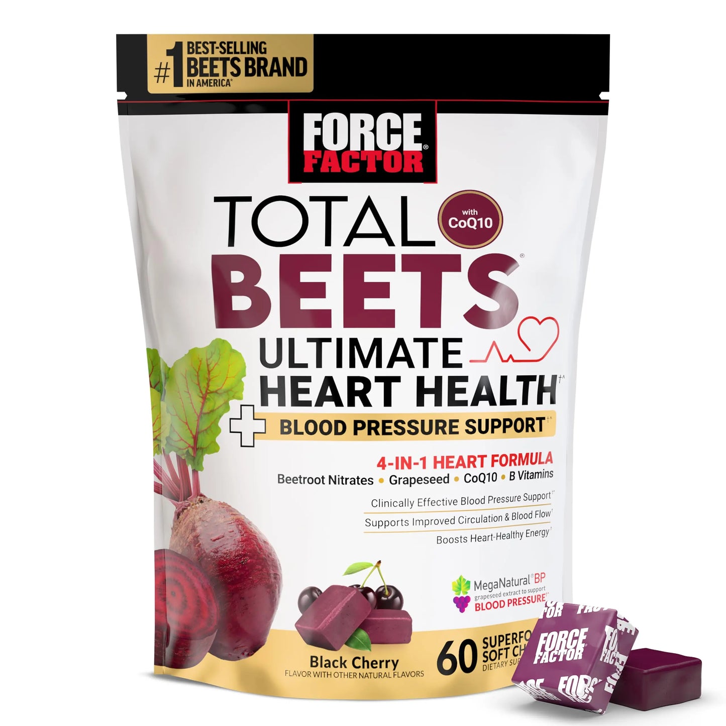 Force Factor Total Beets Ultimate Heart Health Chews for Blood Pressure Support, with Beetroot Powder, CoQ10, B Vitamins & Grapeseed Extract for Blood Flow Force Factor