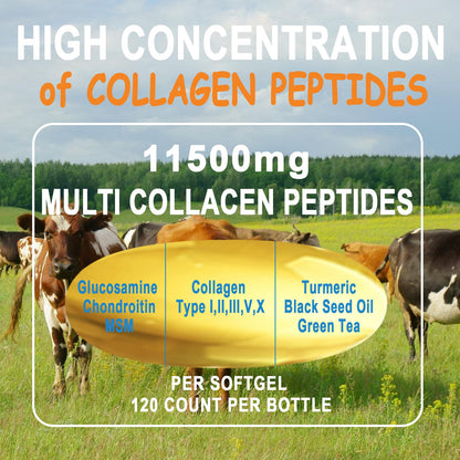 Collagen Peptides Softgels, Multi Collagen Peptide w/ Glucosamine Chondroitin MSM Biotin, Hydrolyzed Collagen Peptides Complex for Women Supports Skin Hair JINGYAT