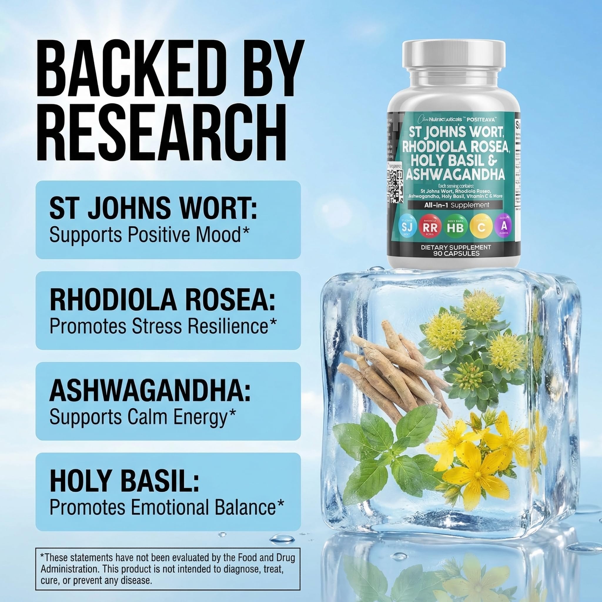 Clean Nutraceuticals St Johns Wort Rhodiola Rosea Holy Basil Ashwagandha - Mood Support for Women and Men with Vitamin C & Black Pepper Extract - 90 Caps Clean Nutraceuticals buy australia supplements