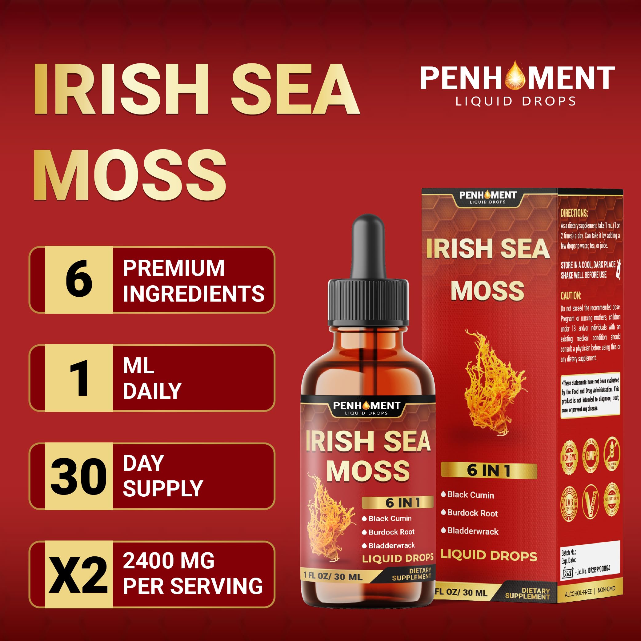Penhoment 6in1 Sea Moss Drops with Black Seed Oil Irish Seamoss, Ashwagandha, Burdock Root & Bladderwrack - 1FL Oz - 30 Day Supply Penhoment buy australia supplements