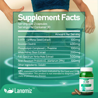 Lanomiz 14DAY Appetite & Craving Control Gut Health Complex Featuring Delayed-Release Probiotics & White Kidney Bean Extract 5-HTP Lanomiz