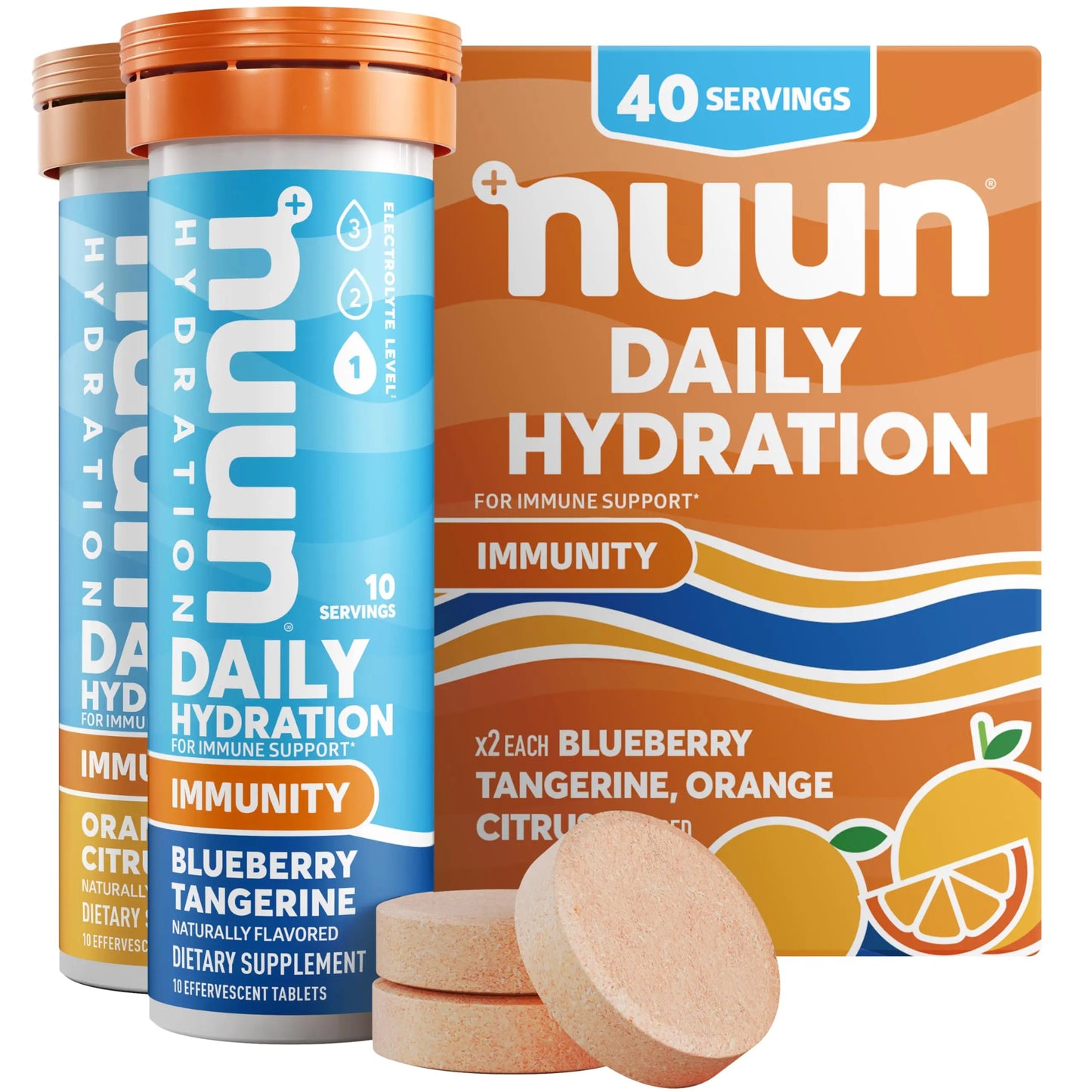 Nuun Immunity Electrolyte Tablets with Vitamin D, C, E, & A, Ginger, Elderberry, Magnesium & 4 Other Essential Electrolytes, Vegan, Blueberry Tangerine & Orange Citrus, 4 Pack (40 Servings Total) Nuun