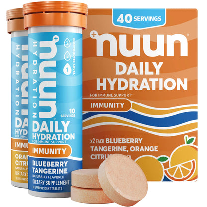 Nuun Immunity Electrolyte Tablets with Vitamin D, C, E, & A, Ginger, Elderberry, Magnesium & 4 Other Essential Electrolytes, Vegan, Blueberry Tangerine & Orange Citrus, 4 Pack (40 Servings Total) Nuun
