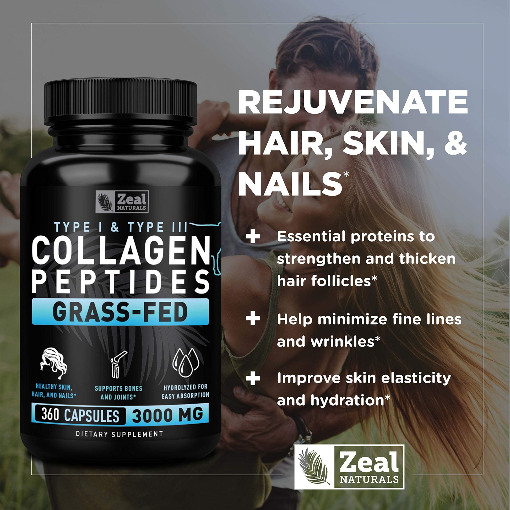 Zeal Naturals Collagen Peptides Collagen Pills (360 Capsules) Grass Fed Collagen Pepetide Powder - Hydrolyzed Collagen Powder for JointTendon SupplementHair Skin and Nails - Zeal Naturals buy australia supplements