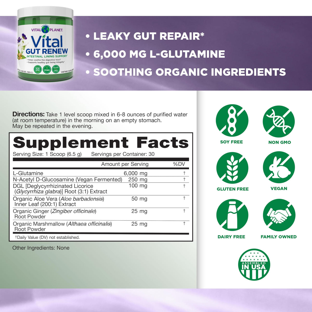 Vital Planet - Vital Gut Renew Powder Supplement for Leaky Gut Repair with L-Glutamine, Marshmallow and Ginger Root, DGL Licorice Root and Organic Vital Planet