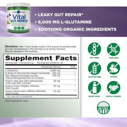 Vital Planet - Vital Gut Renew Powder Supplement for Leaky Gut Repair with L-Glutamine, Marshmallow and Ginger Root, DGL Licorice Root and Organic Vital Planet