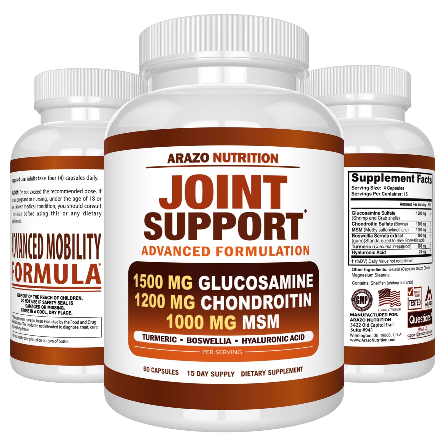 Arazo Nutrition Glucosamine Chondroitin Turmeric Msm Boswellia - Joint Support Supplement for Relief for Bones, Back, Knees, Hands (180 Tablets) Gsupps Australia