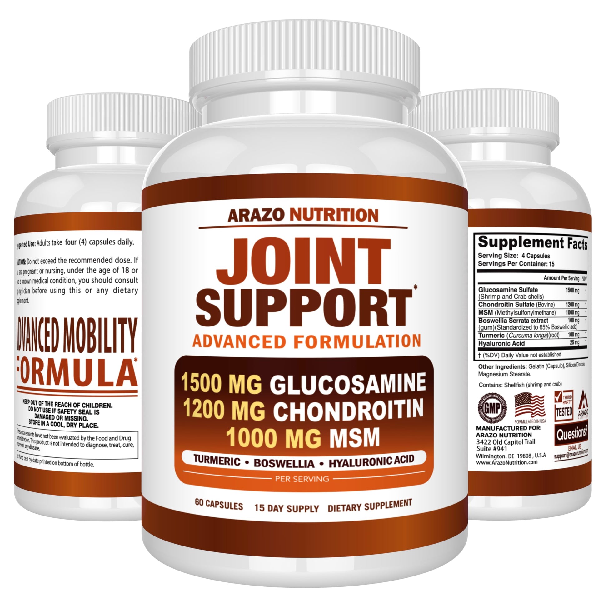 Arazo Nutrition Glucosamine Chondroitin Turmeric Msm Boswellia - Joint Support Supplement for Relief for Bones, Back, Knees, Hands (180 Tablets) Gsupps Australia