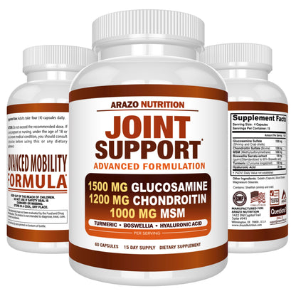 Arazo Nutrition Glucosamine Chondroitin Turmeric Msm Boswellia - Joint Support Supplement for Relief for Bones, Back, Knees, Hands (180 Tablets) Gsupps Australia