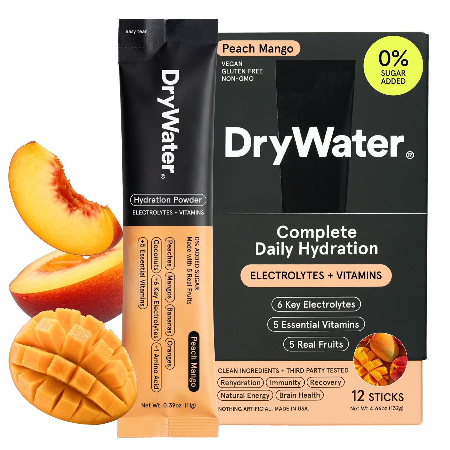 DryWater Electrolyte Powder Packets, Peach Mango - Hydration Packets Drink Mix with Zero Added Sugar for Rehydration & Energy - 6 Key Electrolytes DryWater
