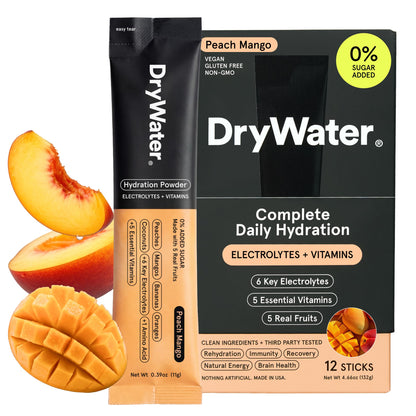 DryWater Electrolyte Powder Packets, Peach Mango - Hydration Packets Drink Mix with Zero Added Sugar for Rehydration & Energy - 6 Key Electrolytes DryWater