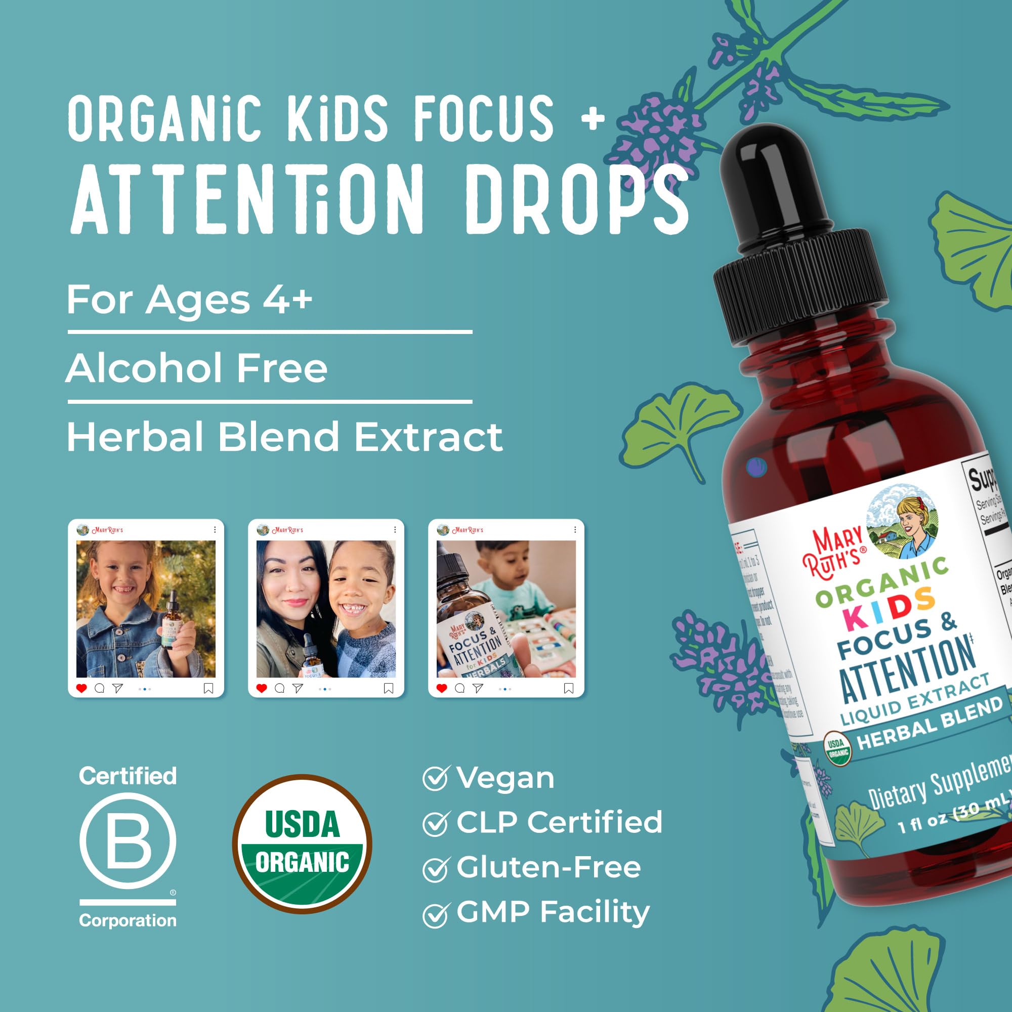 MaryRuth Organics Kids Focus & Attention Drops | USDA Organic Drops | Ginkgo Biloba | Rhodiola Root & Licorice Root | Adaptogenic | Calm | Vegan | Non-GMO | Gluten Free | 30 Servings MARYRUTH'S buy australia supplements