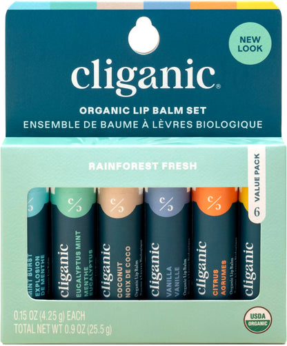 Cliganic Organic Lip Balm Set, 6 Flavors, 100% Natural for Dry Cracked Lips Cliganic