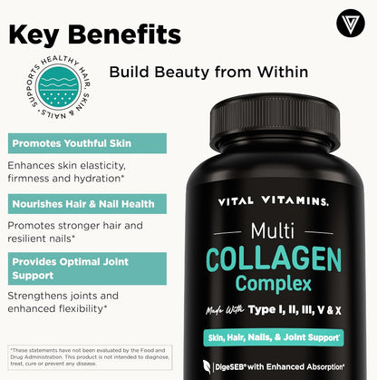 Vital Vitamins Multi Collagen Peptides Complex for Women & Men, 150 Pills | Supports Skin, Hair & Nails, 5 Collagen Types I II III V & X, Grass-Fed Non-GMO Collagen Supplements Gsupps Australia