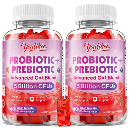 Youlikee 2 Pack Prebiotic + Probiotic Gummies for Women and Men, Probiotic Gummies Supports Gut Health, 5 Billion CFUs with Fibers, Youlikee