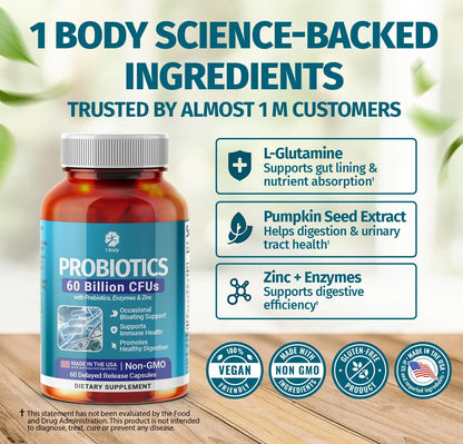1 Body Probiotic 60 Billion for Men & Women, Gut Health Support with Prebiotics, Digestive Enzymes, Zinc & L-Glutamine, Non-GMO, 60 Vegan Capsules 1 Body