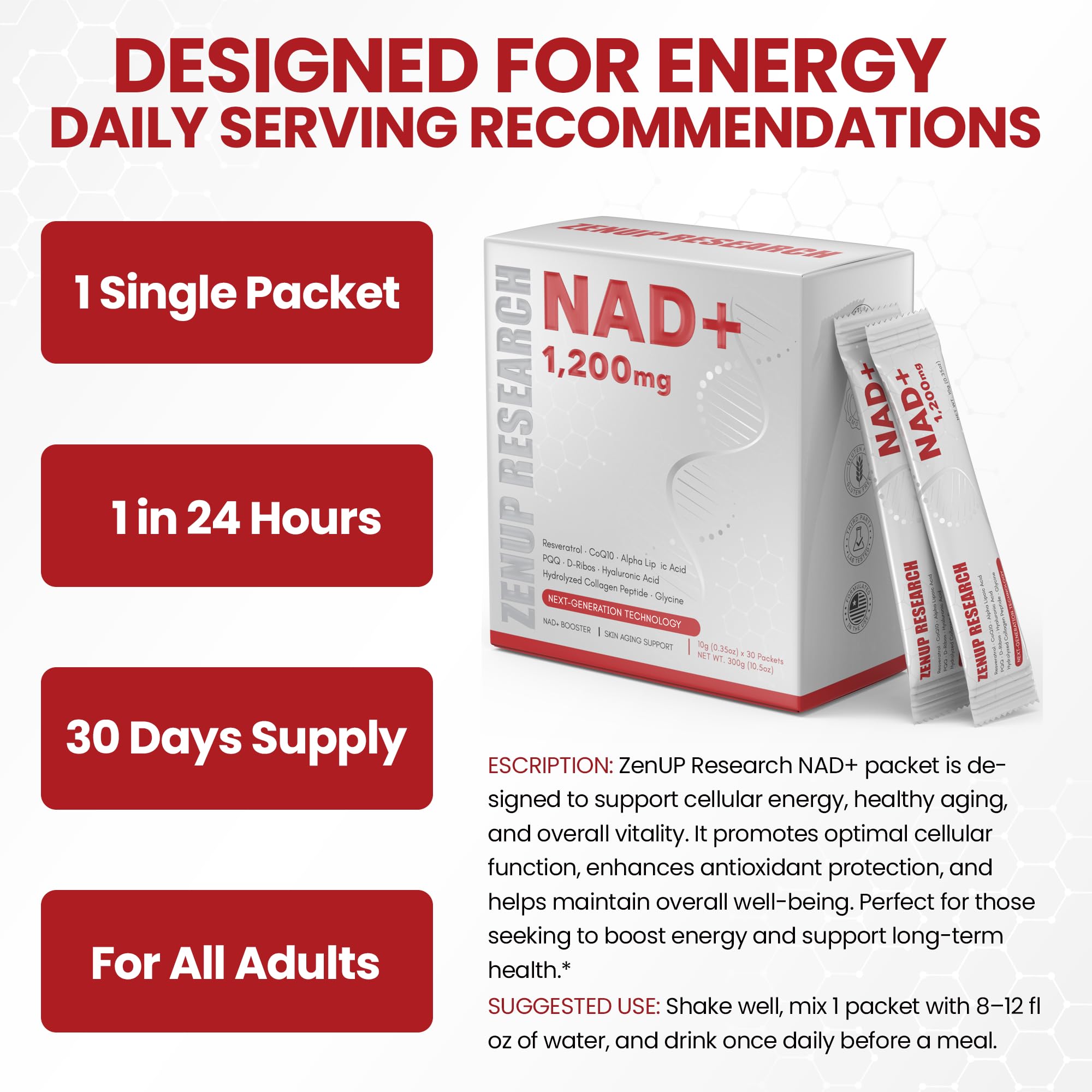 ZenUP Liquid NAD, Extra Strength 1,200mg NAD+ Supplement with CoQ10, Resveratrol, D-Ribose & PQQ for Men & Women, Natural NAD+ Stick for Anti-Aging, Energy, Focus - 30 Packets ZenUP buy australia supplements