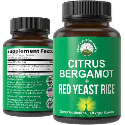 Peak Performance Citrus Bergamot + Red Yeast Rice. 2-in-1 Supplement. High Strength 10:1 Bergamot Extract. No Gluten, Zero Sugar, Vegan Capsules Peak Performance