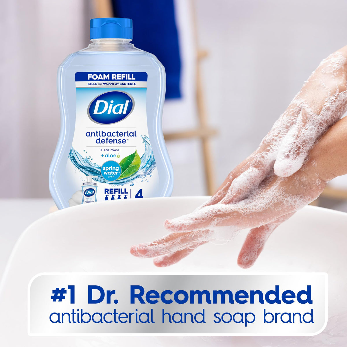 Dial Antibacterial Defense Foaming Hand Soap + Aloe, Spring Water Scent, 30 Fl Oz Hand Soap Refill (4 Pack), Dermatologist-Tested, Gentle on Skin Dial
