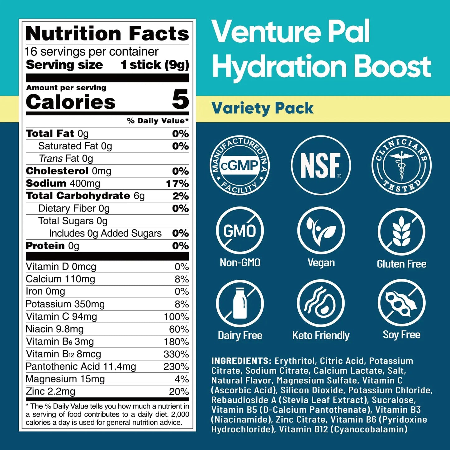 Venture Pal Sugar Free Electrolyte Powder Packets - Liquid Daily IV Hydration Packets for Rapid Rehydration | 7 Electrolytes & 5 Vitamins | Keto Friendly Venture Pal