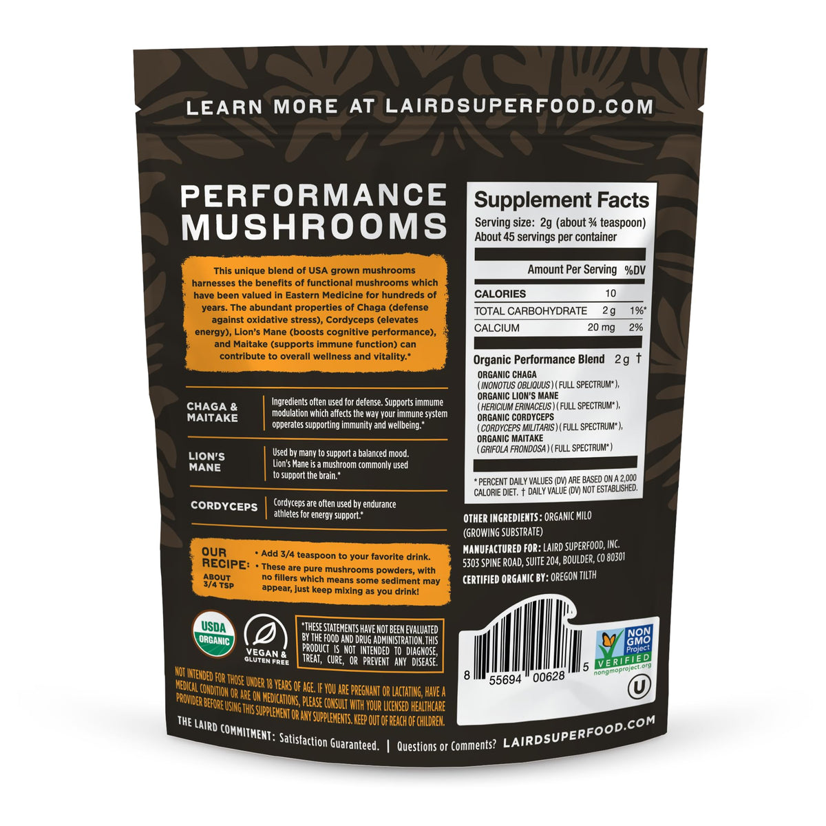Laird Superfood Organic Performance Mushroom Blend with Chaga, Cordyceps, Lion's Mane and Maitake for Energy Laird Superfood