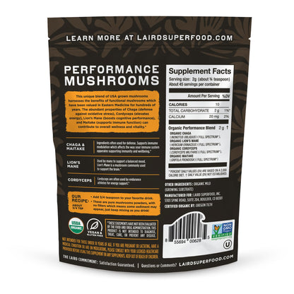 Laird Superfood Organic Performance Mushroom Blend with Chaga, Cordyceps, Lion's Mane and Maitake for Energy Laird Superfood